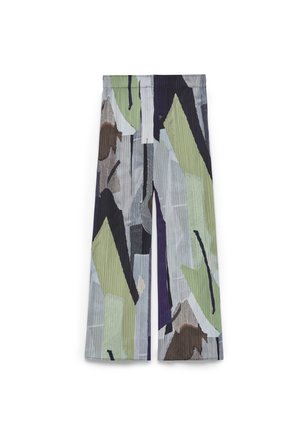 Multicolored wide-leg trousers featuring a geometric abstract pattern in shades of green, black, gray, and brown with a textured fabric.