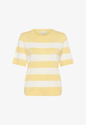 Korte mouw top met afwisselende gele en witte horizontale strepen, ronde hals, zachte textuur en een relaxte fit.