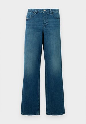 Jeans de ganga azuis de perna reta com botão frontal e bolsos, exibidos sobre um fundo branco.