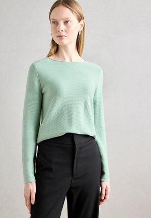 Lichtgroene, lange mouwen trui met een zachte textuur en een ronde halslijn, gecombineerd met zwarte, op maat gemaakte broek. Eenvoudig en minimalistisch ontwerp.