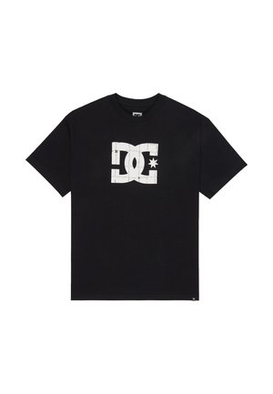 Czarna koszulka z krótkim rękawem z dużym, postarzanym białym logo DC z gwiazdą w środku na przodzie.