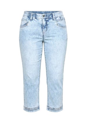 Jasnoniebieskie skrócone dżinsy z przodu i z tyłu z kieszeniami, zapięciem na guzik i suwak oraz obszytymi zakończeniami ze szczegółami z metalowych oczek.