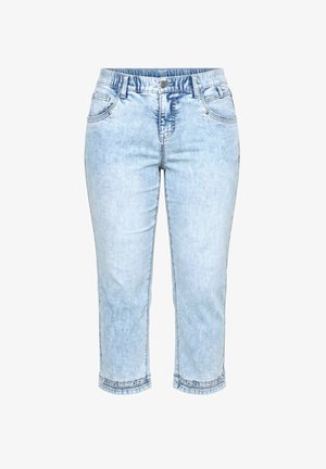 Lichtblauwe cropped spijkerbroek met voor- en achterzakken, knoop- en ritssluiting, en gestikte zomen met metalen oogje detailing.