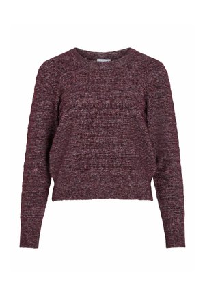 Maglione a maglia testurizzata bordeaux con scollatura rotonda e maniche lunghe, caratterizzato da un design corto e un sottile motivo orizzontale.