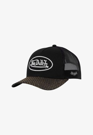 Casquette noire avec un dos en maille, un visière à motif noir et or, et un logo "Von Dutch" brodé en blanc bien en vue à l'avant.