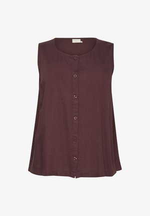 Haut sans manches bordeaux en tissu léger, avec un col rond et six boutons sur le devant pour la fermeture. Texture lisse.