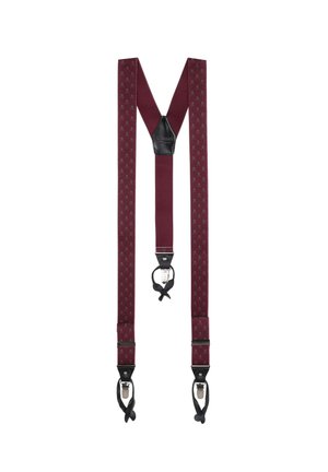 Tirantes burdeos con un sutil patrón gris, con detalles de cuero y clips de metal para la sujeción. Correas ajustables para un mejor ajuste.