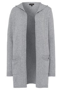 Cardigan long gris en maille douce, doté d'une capuche, d'une fermeture éclair sur le devant, de deux poches avant et de poignets côtelés.