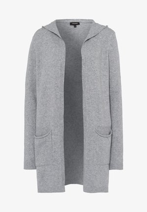 Cardigan long gris en maille douce, doté d'une capuche, d'une fermeture éclair sur le devant, de deux poches avant et de poignets côtelés.