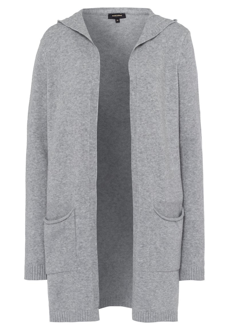 Cardigan long gris en maille douce, doté d'une capuche, d'une fermeture éclair sur le devant, de deux poches avant et de poignets côtelés.