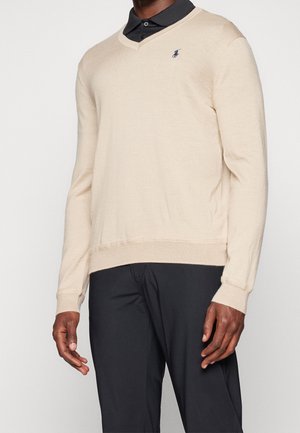 Mand iført beige V-hals trøje over sort skjorte med krave og sorte bukser, står med armene afslappet ned langs siderne.