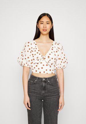 PUFF SLEEVE PLUNGE CINCHED FRONT FASHION - T-shirt print - white
