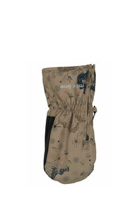 Tan mitten with a patterned exterior featuring celestial designs. Elastic cuff, adjustable closure, and black fabric accents. Durable texture.