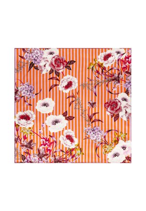 Orange and pink striped fabric with large red, white, purple, and yellow floral patterns scattered across.