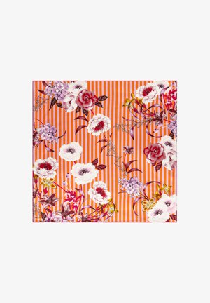 Orange and pink striped fabric with large red, white, purple, and yellow floral patterns scattered across.
