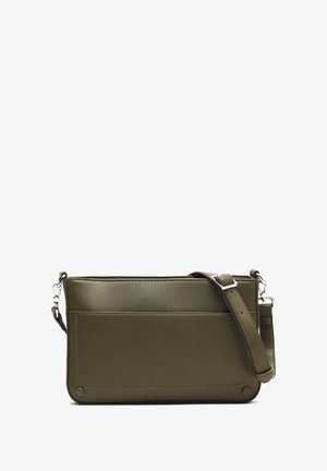 Olive green leather crossbody bag with adjustable strap, front pocket, and rounded edges. Smooth texture with minimal stitching details.