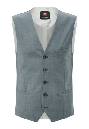 Lichtblauw formeel herenvest met vier knopen, drie zakken en een klein label binnenin de kraag met de tekst "Club of Gents."