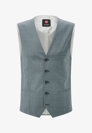 Hellblaues formelles Herrenweste mit vier Knöpfen, drei Taschen und einem kleinen Etikett im Kragen mit der Aufschrift "Club of Gents".
