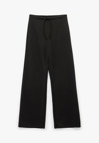 Zwarte broek gemaakt van zachte stof, met een tailleband met trekkoord en een brede pijpen-silhouet, met een gladde textuur en zonder patronen.