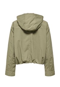 Φωτεινό ελαιόχρωμο μπουφάν με κουκούλα, μακριά μανίκια και ελαστική μέση, εμφανιζόμενο από πίσω σε λευκό φόντο.