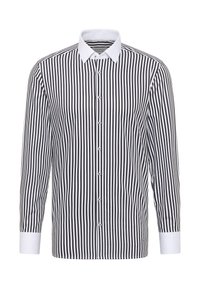 Langarmshirt met zwart-witte verticale strepen, knoopsluiting aan de voorkant en witte contrasterende mouwen. Katoenmix stof, standaard kraag.