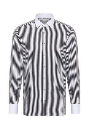 Langarmshirt met zwart-witte verticale strepen, knoopsluiting aan de voorkant en witte contrasterende mouwen. Katoenmix stof, standaard kraag.