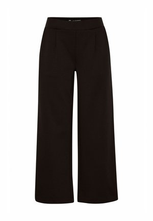 Pantalons noirs à jambes larges en tissu lisse, avec une taille ajustée, trois plis et un ourlet net à la longueur de la cheville.