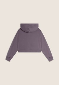 Hoodie cropped violet avec des manches longues et capuche attachée, présenté à plat de dos sur un fond beige clair.