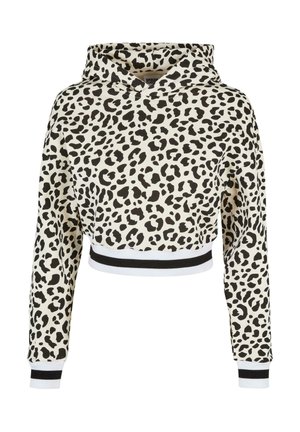 Raffung bei langärmeligem Hoodie mit schwarz-weißem Leopardenmuster und schwarz-weiß gestreiften elastischen Bündchen und Bund.