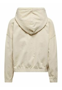 Jasno beżowa kurtka z kordurowego materiału z kapturem, elastycznym pasem i prążkowanymi mankietami. Teksturowany materiał z delikatnymi pionowymi liniami.