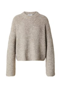 Beige geknipt sweater gemaakt van ribgebreide stof. Heeft een ronde halslijn en lange, losse mouwen. Gelijkmatig afgewerkt met een zachte textuur.