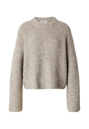 Beige verkürzter Pullover aus Rippstrickmaterial. Mit rundem Halsausschnitt und langen, lockeren Ärmeln. Mit einer weichen Textur.