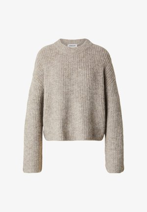 Beige verkürzter Pullover aus Rippstrickmaterial. Mit rundem Halsausschnitt und langen, lockeren Ärmeln. Mit einer weichen Textur.