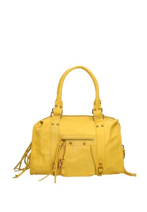 Sac à main en cuir jaune avec double anse, poche avant zippée, pompons décoratifs et détails en clous métalliques.
