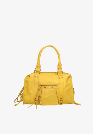 Sac à main en cuir jaune avec double anse, poche avant zippée, pompons décoratifs et détails en clous métalliques.