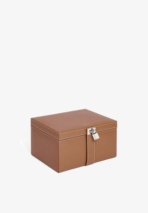 Brown leather storage box with a textured finish, white stitching, a silver lock, and a flat lid. Rectangular shape, compact design.