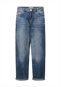 Denim-Jeans in mittlerem Blauton, mit geradem Schnitt, hochgerollten Säumen und kontrastierenden gelb-grünen Nähten auf der vorderen Tasche.