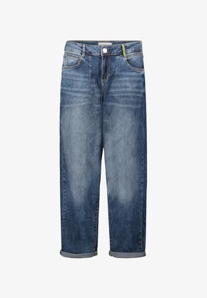 Jeans in denim a lavaggio medio blu, caratterizzati da una vestibilità dritta, orli arrotolati e cuciture giallo-verdi a contrasto sulla tasca anteriore.
