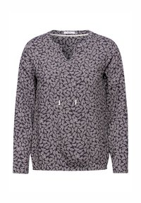 Maglietta a manica lunga in navy con un motivo astratto di foglie bianche, caratterizzata da un collo a V e un orlo arricciato per una vestibilità rilassata.