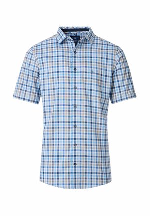 Short-sleeve button-up shirt in blue, gray, and white check pattern; features a collar and a pocket on the left chest. Cotton material.