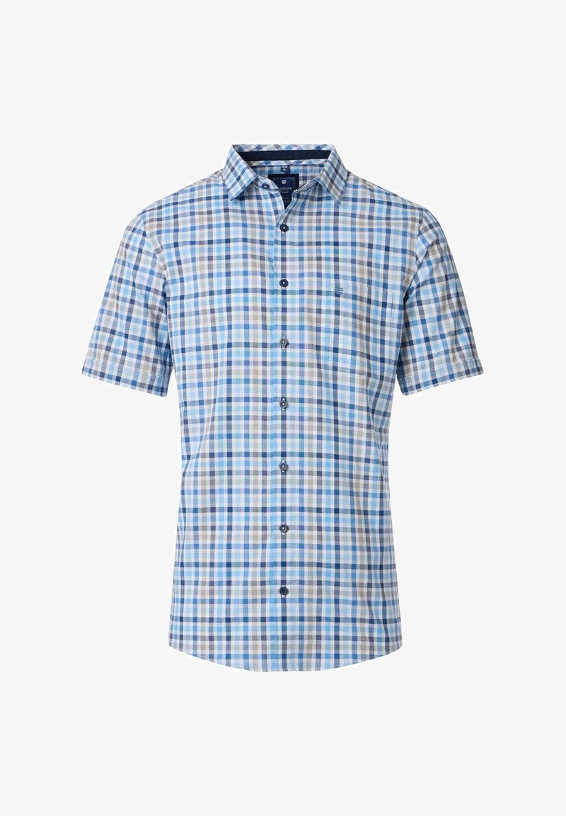 Korte mouwen overhemd met knoopsluiting in een blauw, grijs en wit geblokt patroon; heeft een kraag en een zakje op de linkerkant van de borst. Van katoen.