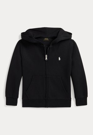 Čierna mikina s kapucňou a celým zipsom, predné vrecká a malé biele logo Polo Ralph Lauren na ľavej strane hrudníka.