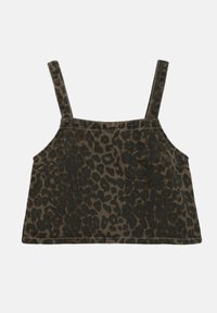 Brun leopardmønstret crop topp med tynne stropper, med en teksturert stoff og en rett kant. Enkel design uten ytterligere dekorasjoner.