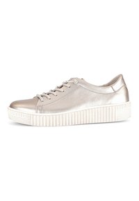 Metallic silver sneaker with a smooth leather upper, round toe, flat white rubber sole, and lace-up design. Textured side accents present.