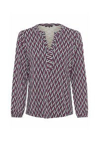 Langärmlige Bluse aus einem gemusterten Stoff mit Wellen in Lila, Pink und Marineblau, mit einem V-Ausschnitt und Raffungen am Ausschnitt.