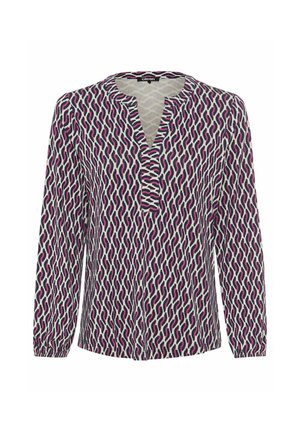 Langärmlige Bluse aus einem gemusterten Stoff mit Wellen in Lila, Pink und Marineblau, mit einem V-Ausschnitt und Raffungen am Ausschnitt.