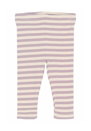Dziecięce legginsy w poziome fioletowo-białe paski, o prążkowanej fakturze i szerokim elastycznym pasie, idealne do codziennego noszenia.