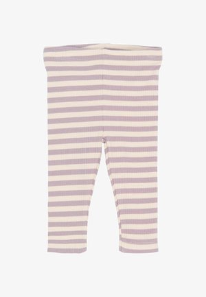 Kääbikute legginsid horisontaalsete lavendli- ja valgete triipudega, ribikujuline tekstuur ja lai elastne vöökoht, sobilik igapäevaseks kandmiseks.