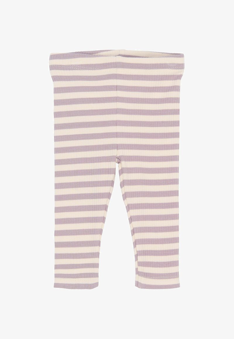 Dětské legíny s horizontálními levandulovými a bílými pruhy, ribbovanou texturou a širokým elastickým pasem, ideální pro volnočasové nošení.