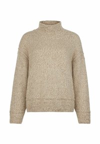 Beiger Strickpullover mit hohem Kragen, lockerer Passform, überschnittenen Schultern und geripptem Saum. Strukturierter Stoff mit weichem, gemütlichem Aussehen.